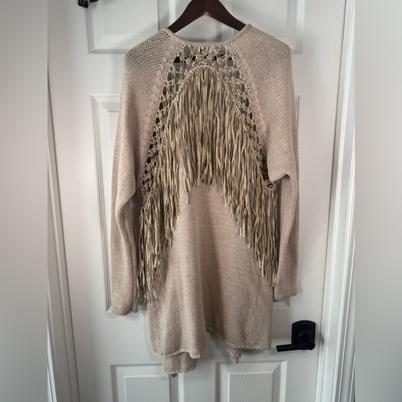 Haute Hippie Fringe Tan Oversized Boho Knit Cardigan Sweater Womens Size Xsmall - Picture 8 of 9